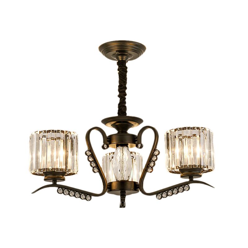 Clear Crystal Drum Chandelier Lamp Vintage Style 3/5 Heads Suspension Light in Black for Dining Room