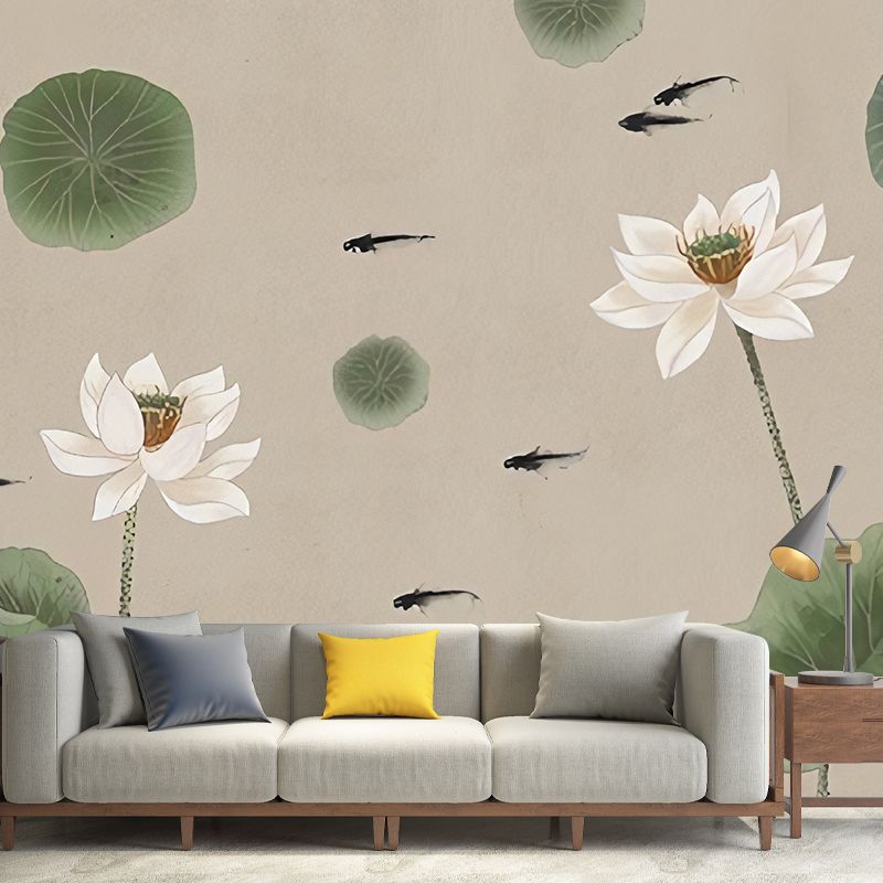 Giant Illustration Lotus Wall Art Lotus and Leaf Mural Wallpaper, Green and Brown