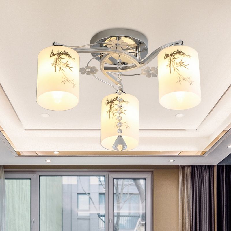 Minimal Cylindrical Semi-Flush Ceiling Light Frosted Glass 3 Lights Bedroom Flushmount in Chrome with Bamboo Pattern