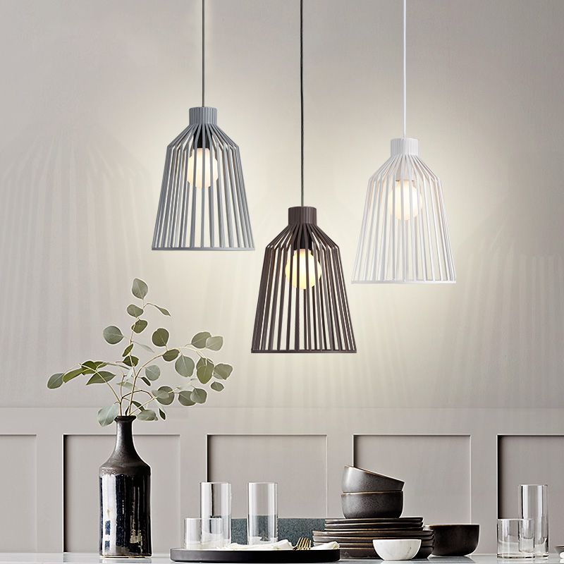 1-Light Pendant Lighting Fixture with Bell Wire Cage Metal Nordic Style Kitchen Island Hanging Lamp in Grey/White/Coffee