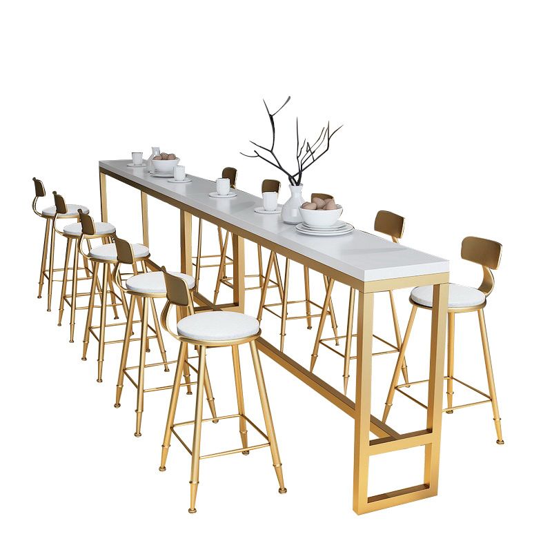 Glam Bistro Table with Gold Metal Trestle Rectangle Solid Wood Top Bar Table