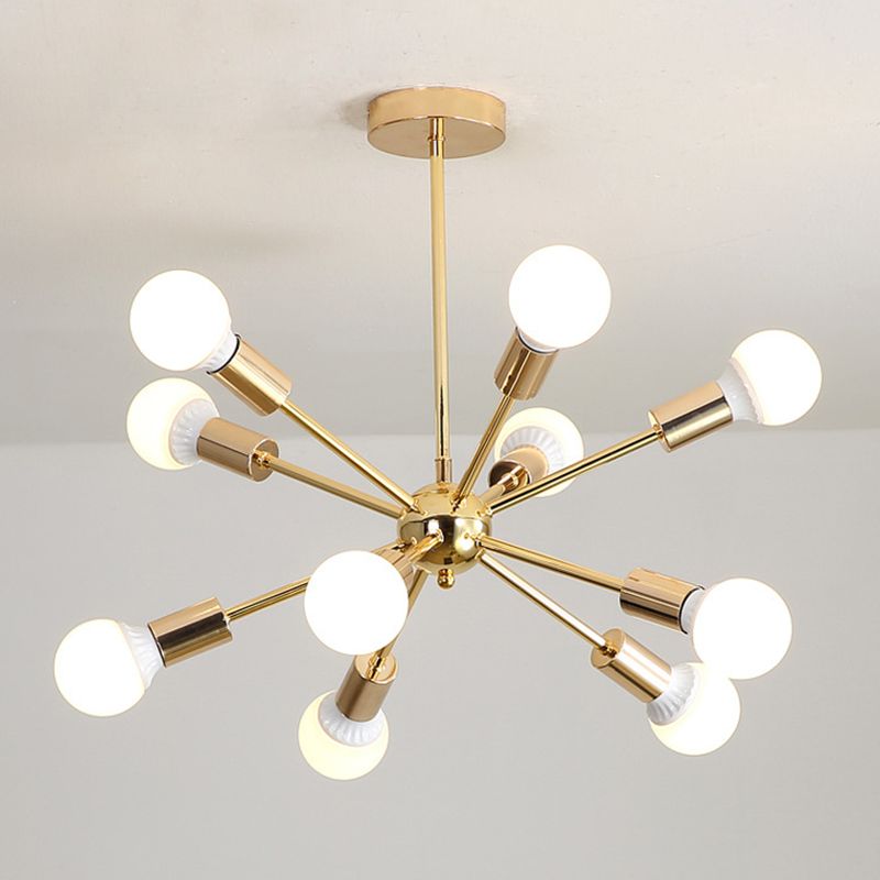 Electroplated Gold Burst Shaped Chandelier Industrial Style Open Bulbs Molecular Hanging Light for Dining Room