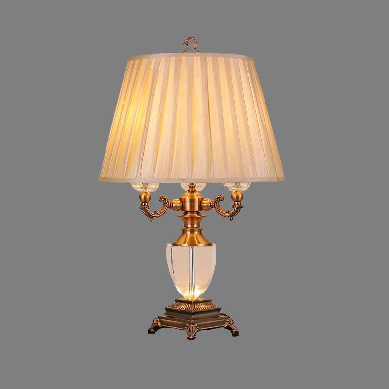 3 Heads Tapered Drum Crystal Task Lamp Modernism Fabric Reading Book Light in Beige