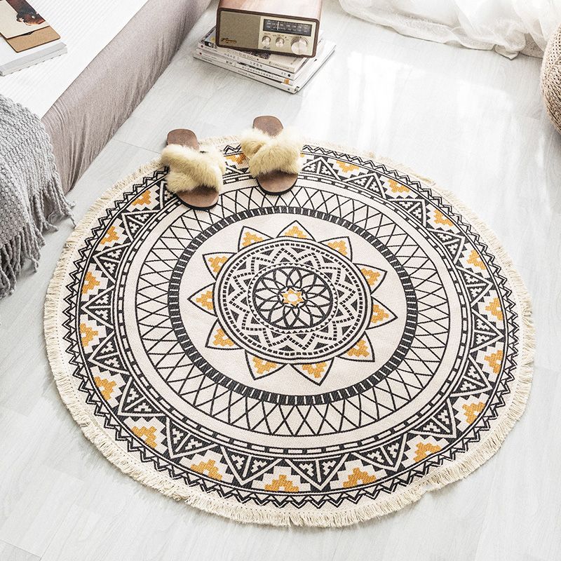 Multi Colored Tribal Patterned Rug Cotton Blend Ethnic Area Rug Easy Care Hand Woven Carpet with Tassel for Bedroom