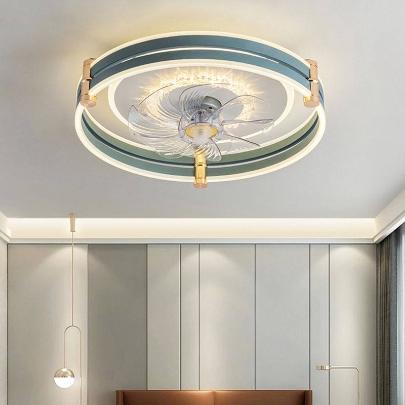 Circular LED Fan Lighting Fixture Macaron Metal Bedroom LED Semi Flush Mount Ceiling Light