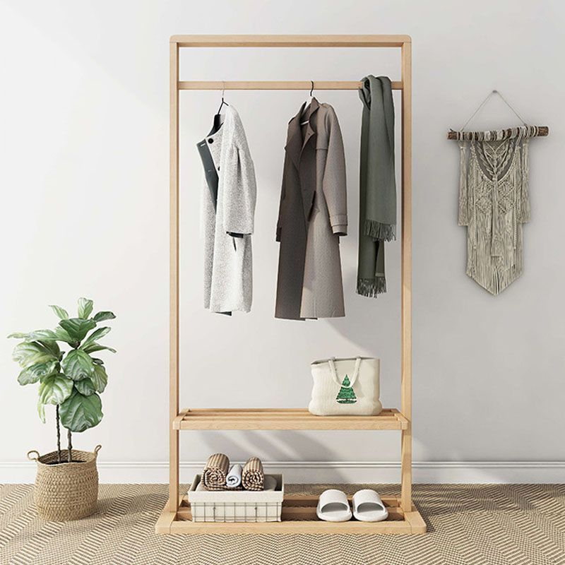 Classic Solid Wood Clothes Hanger Free Standing Coat Rack with Storage Shelving