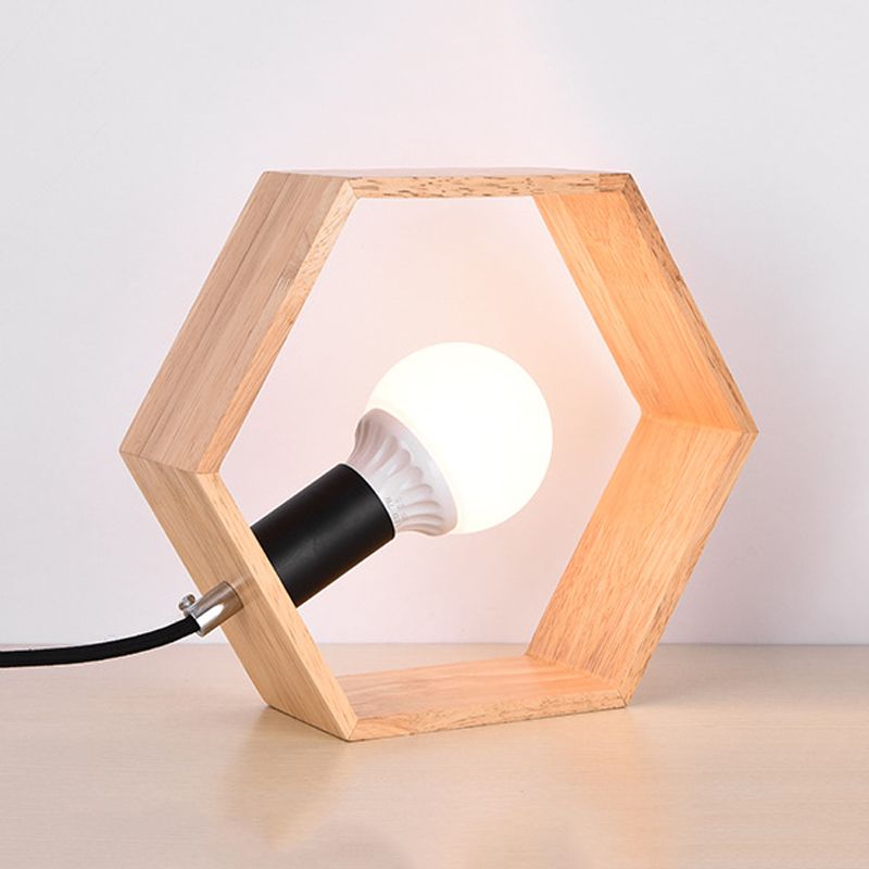 Wooden Hexagon Night Stand Light Minimalist Single Table Lighting with Naked Bulb Design