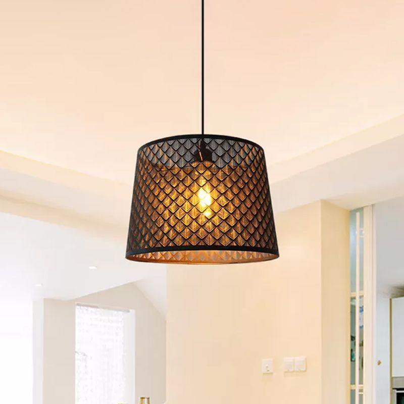 Zwart 1 kop hangende hangere rustieke metalen draad kooi/geëtste boom met patroontrommelschaduw druppel lamp voor eetkamer