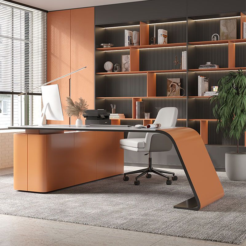 Rectangular Shaped Office Writing Table Wood with 3 Drawers in Orange