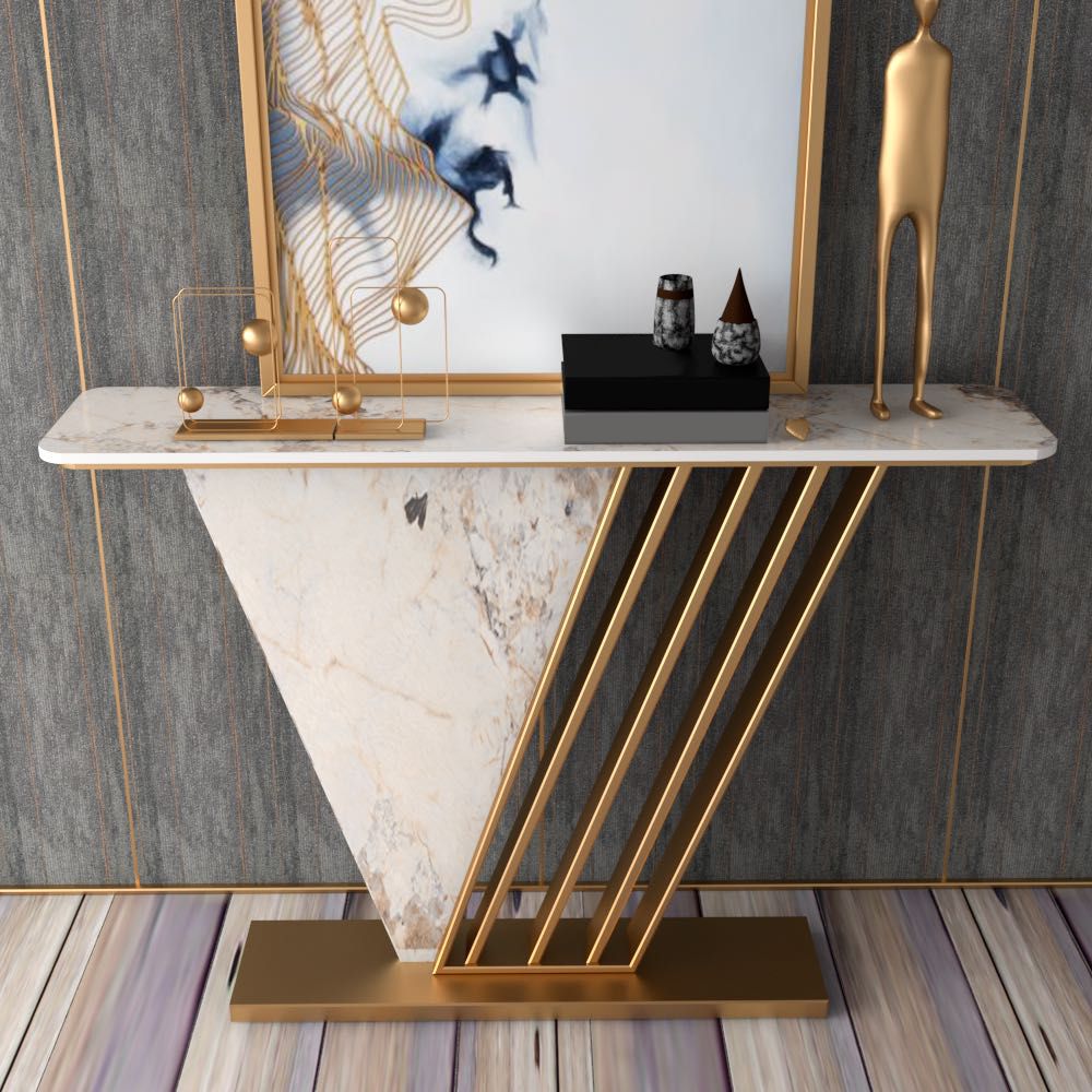 Glam Golden Base Accent Table with Rectangle Stone Top Table for Hall