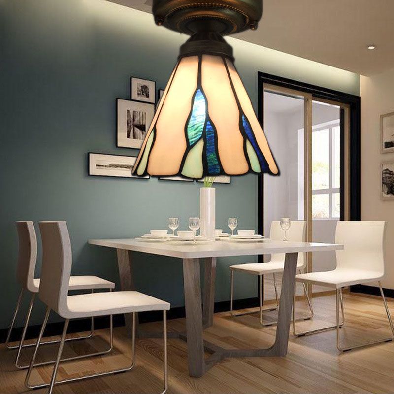 Stained Glass Conical Flush Light Tiffany 1 Light Flush Ceiling Light in White/Beige/Blue-White for Bedroom Lighting