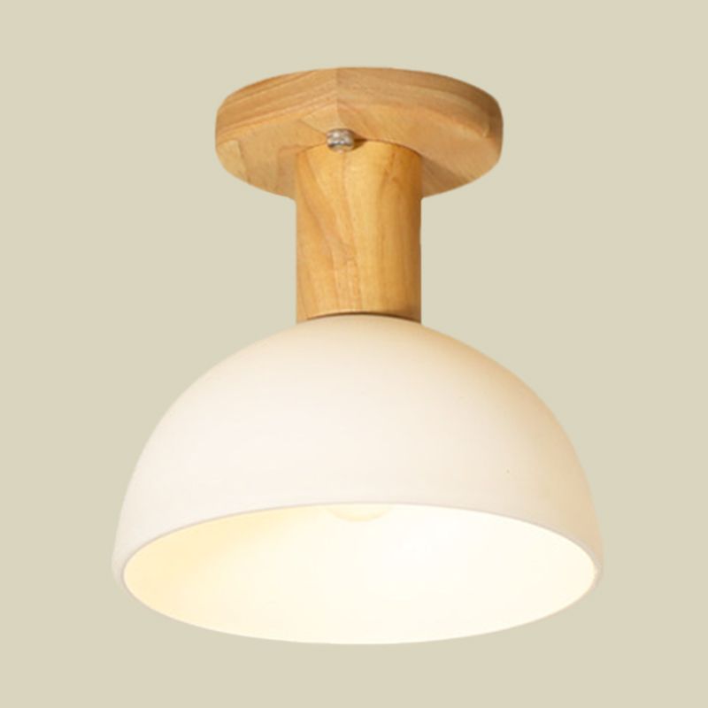 Wood Dome Semi Flush Mounted Light Simple 1 Bulb White Glass Ceiling Lamp Fixture for Corridor