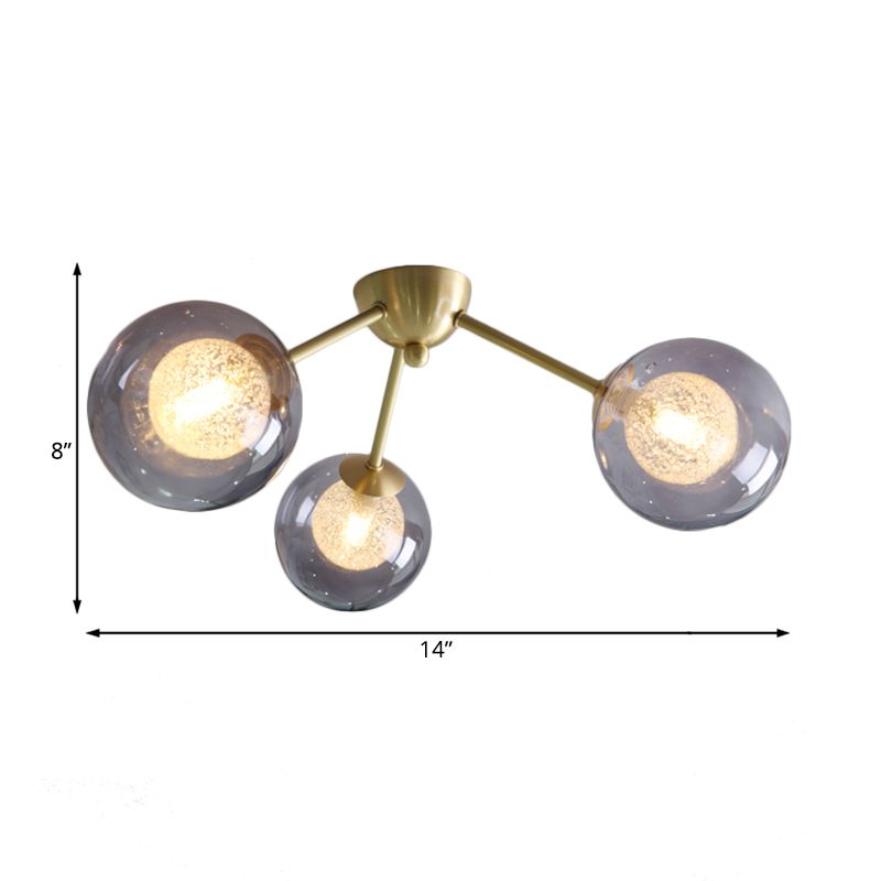 Modern Global Semi Flush Mount Clear/Amber/Smoke Glass 3/6 Lights Led Bedroom Semi Flush Mount Light Fixture in Gold