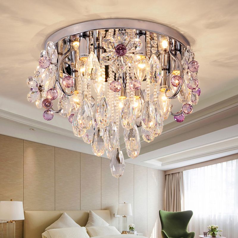 Crystal Teardrops Ceiling Mount Light Modern Chrome Finish Flush Light Fixture for Bedroom