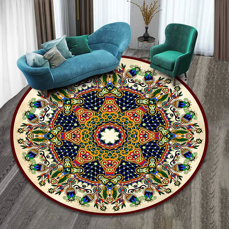 Round Paisley Pattern Rug Polyester Traditional Carpet Non-Slip Backing Indoor Rug for Living Room