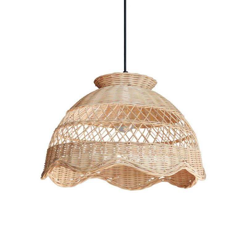 Bamboo Bowl Hollowed Out Hanging Light Asia 1 Bulb Beige Pendant Lighting with Scalloped Trim