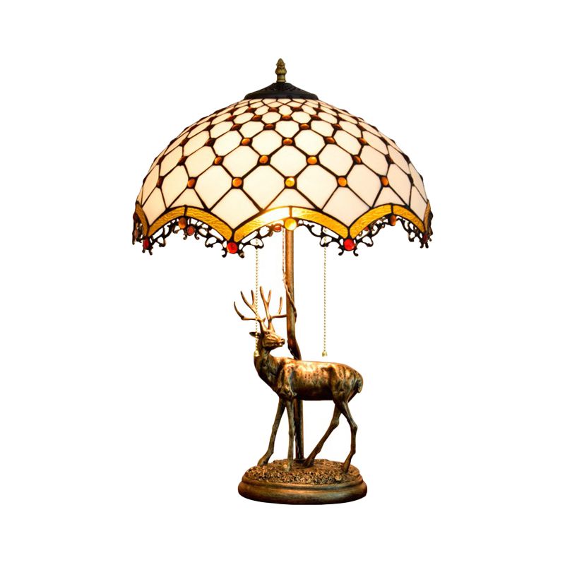 Wave-Edge Crisscross Shade Table Light 2-Head Yellow-White/Blue-Brown Tiffany Pull-Chain Night Lamp with Deer Base