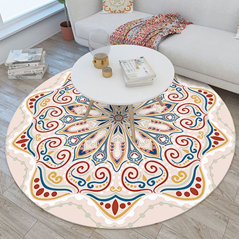 Round Color Mixed Floral Print Rug Polyester Persian Carpet Washable Indoor Rug for Living Room