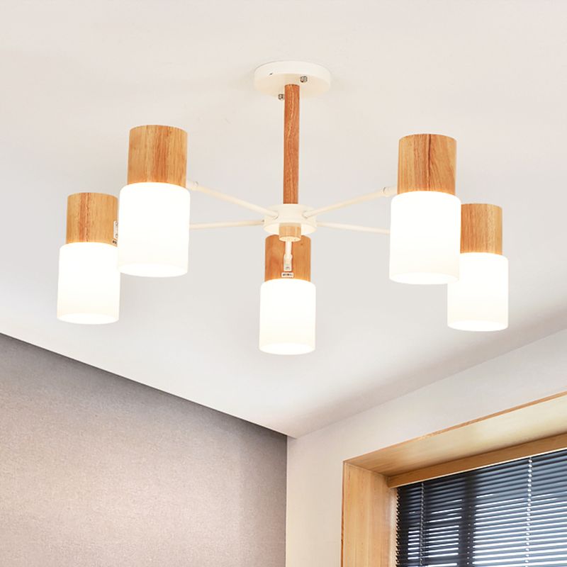 Tubular Semi Flush Light Chinese Wood 5/8 Bulbs Beige Close to Ceiling Lighting for Living Room