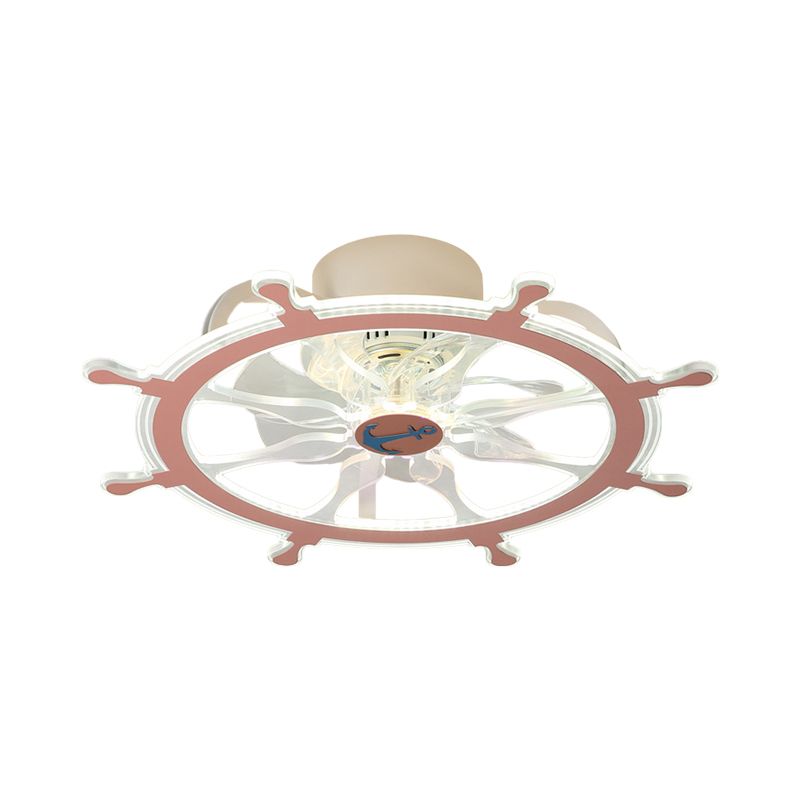 7 Blades Steering Wheel Semi Flush Ceiling Light Modernist Acrylic Nursery Room LED Pendant Fan Light in Pink/Blue, 23" Wide