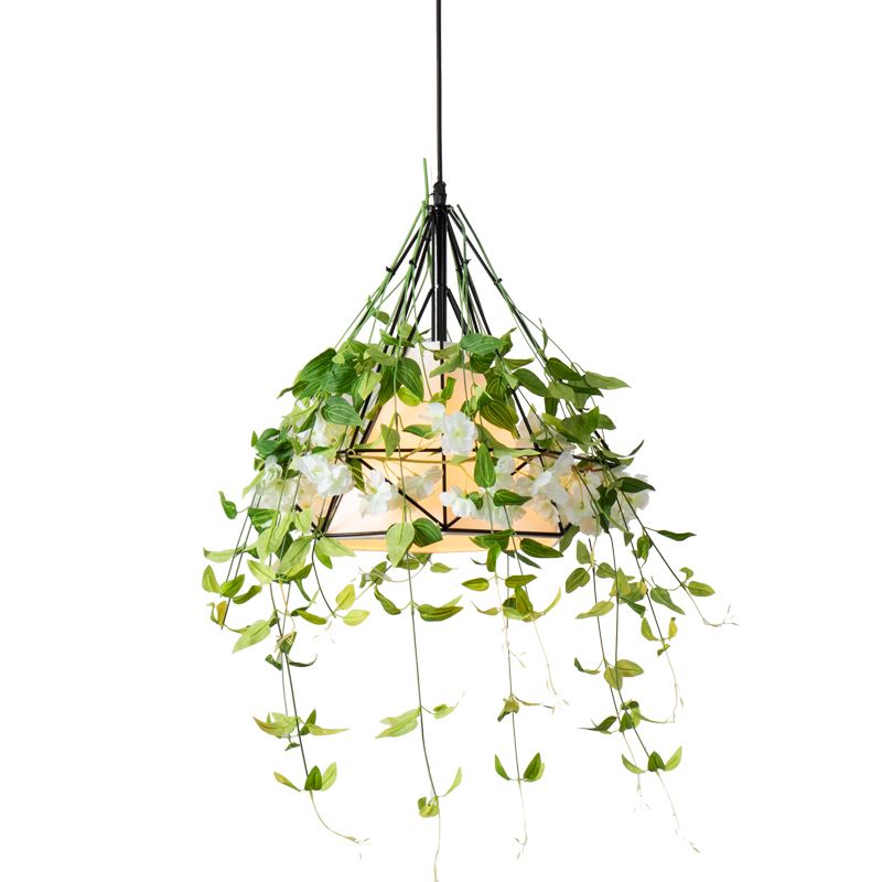 Diamond Iron Plant Pendant Light Antique Single Restaurant Hanging Light with Tapered Fabric Shade in Green