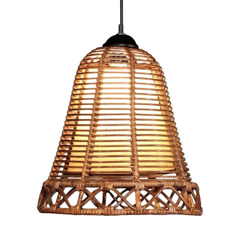 Rattan Bell Shaped Hanging Light Rustic Style 1 Head Beige Drop Light for Living Room Restaurant