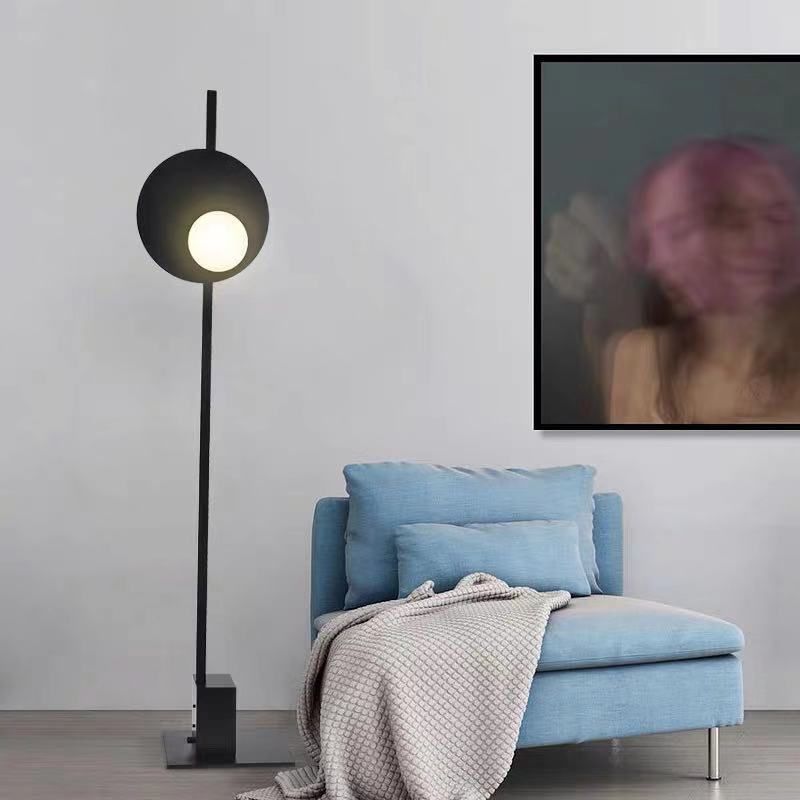 Metal Round Floor Lamp with Rectangle Base Minimalist LED Black Standing Light for Bedroom