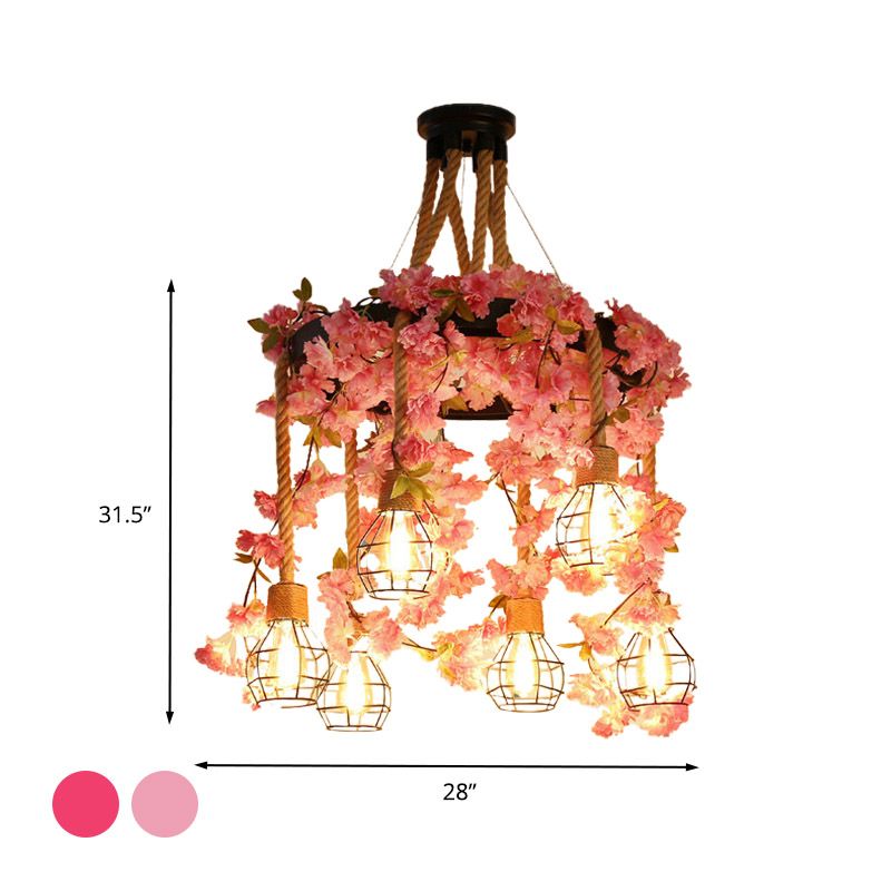 4/6 Lights Bare Bulb Cluster Pendant Antique Pink/Rose Red Metal LED Flower Hanging Lamp for Restaurant