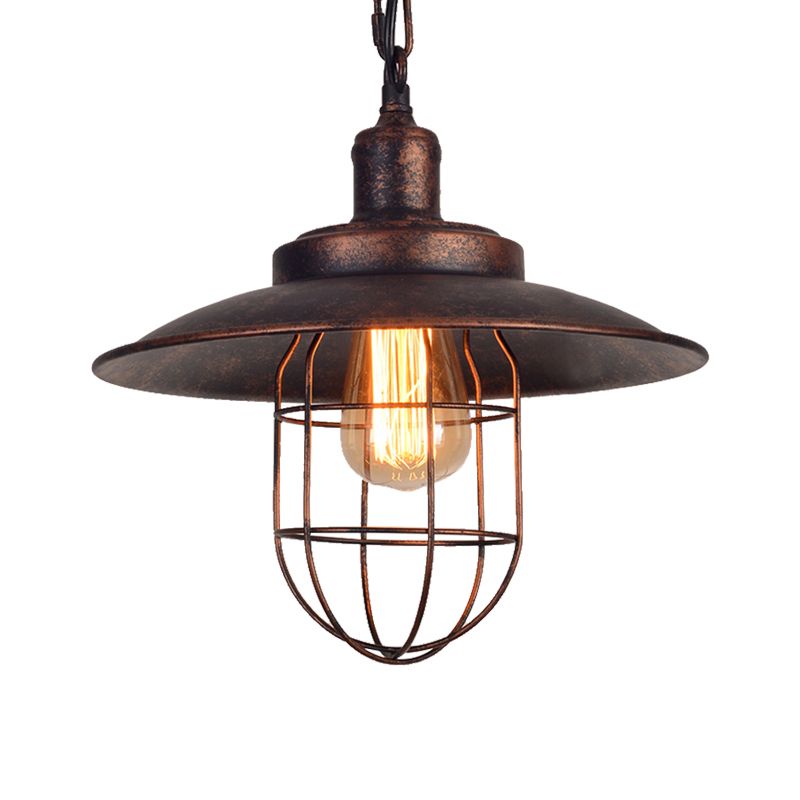 Nautical Saucer Ceiling Light with Cage Shade 1 Light Wrought Iron Hanging Pendant Light in Rust