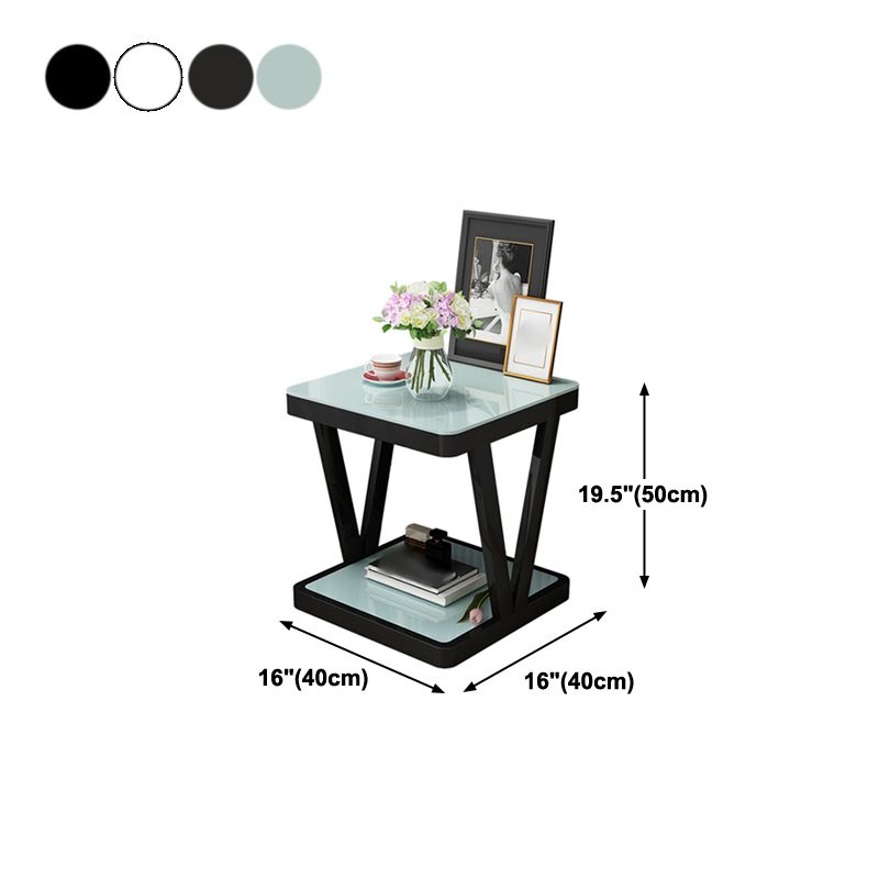 Glass Top Night Table Open Storage Steel Modern 2-Shelf Nightstand in Black/White