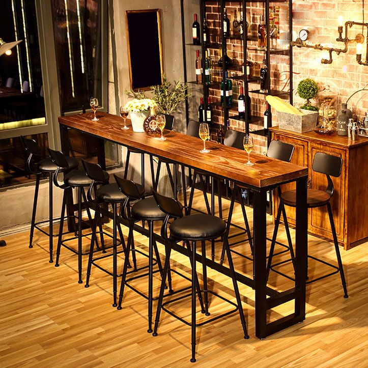 Industrial Metal Frame Pub Table with Trestle Brown Pine Wood Top Bar Table