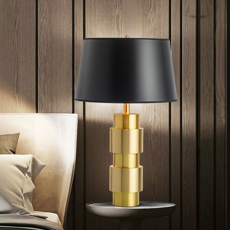 1-Bulb Bedroom Night Lighting Minimalism Black  Metal Table Light with Barrel Fabric Shade