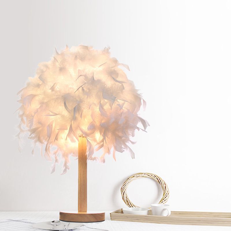 White Feather Night Table Light Modernist 1 Light Fabric Desk Lamp with Round Wood Base