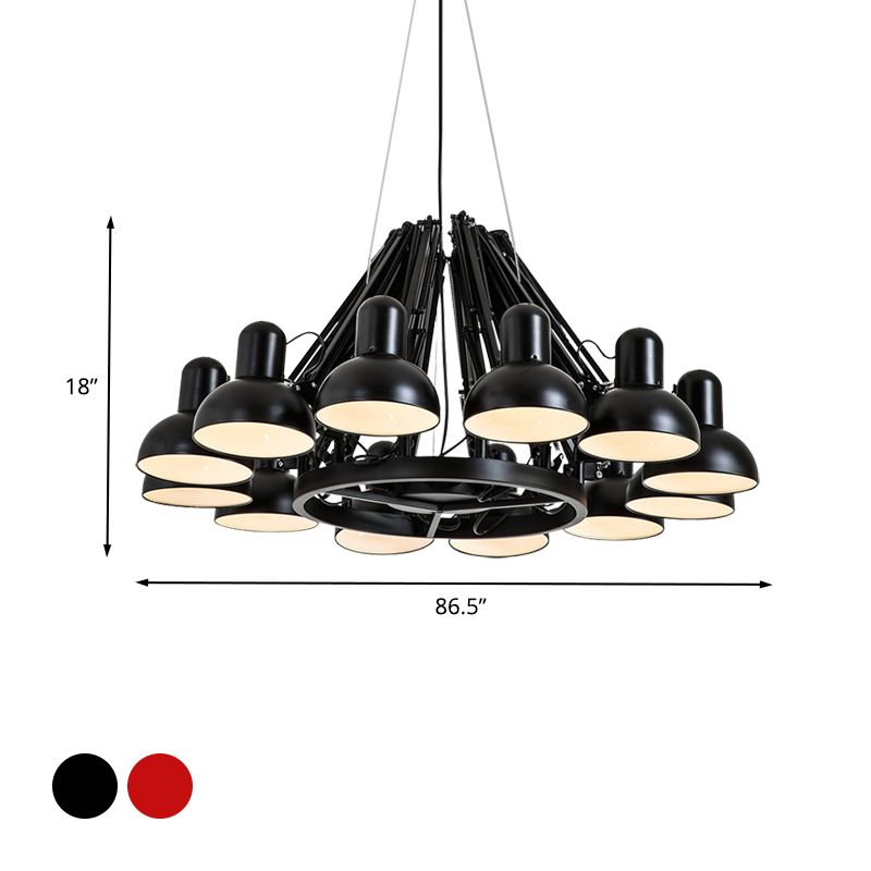 Black/Red 12 Bulbs Hanging Lighting Industrial Metal Swing Arm Chandelier Lamp with Dome Shade for Living Room