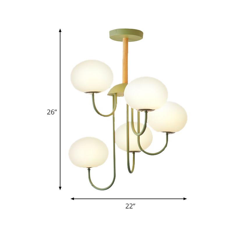 3/5 Lights Living Room Hanging Lamp with Pearl Glass Shade Nordic Gray/Green Semi Mount Lighting, Up/Down