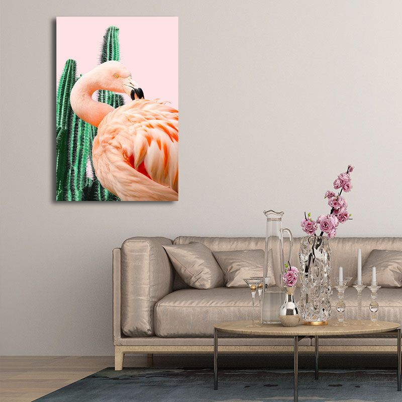 Pink Tropical Canvas Print Flamingo and Cactus Wall Art Decor for House Interior