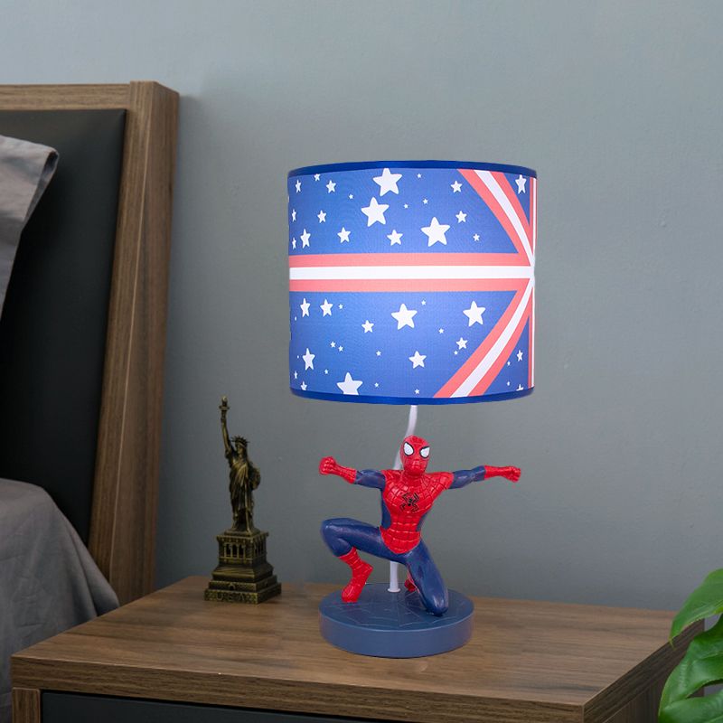 Fabric Drum Nightstand Lamp Kids 1 Bulb Night Table Lighting in Blue with Star Pattern for Nursery