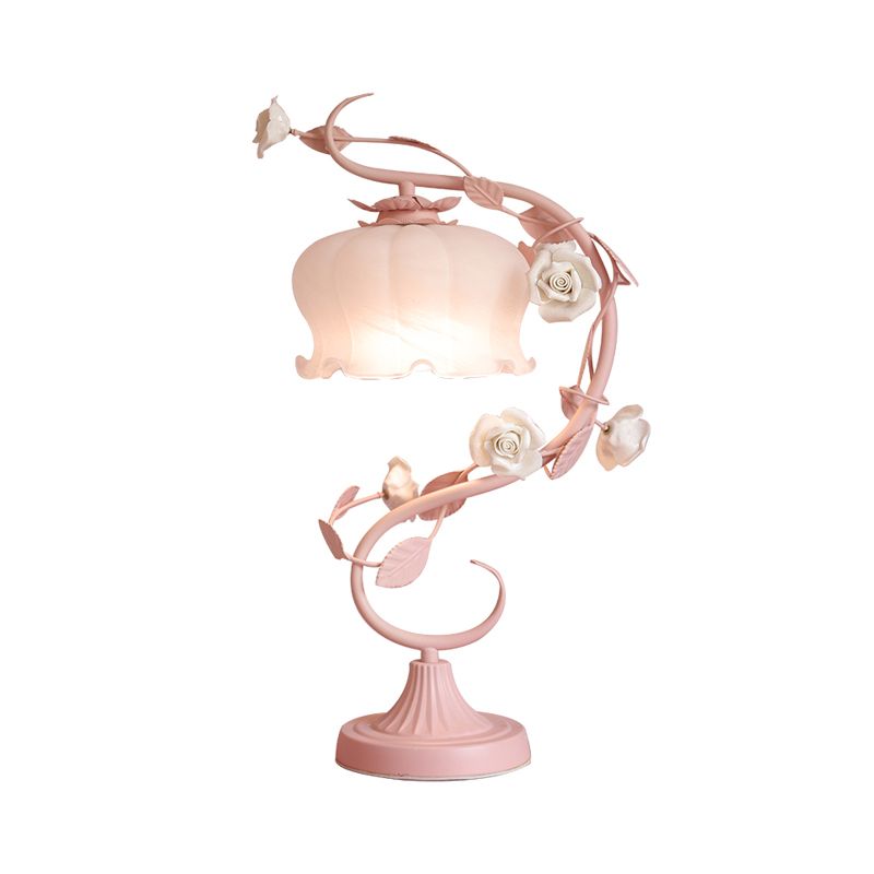 1 Head Table Lamp Pastoral Style Bud White Glass Nightstand Lighting with Ceramic Rose for Bedside