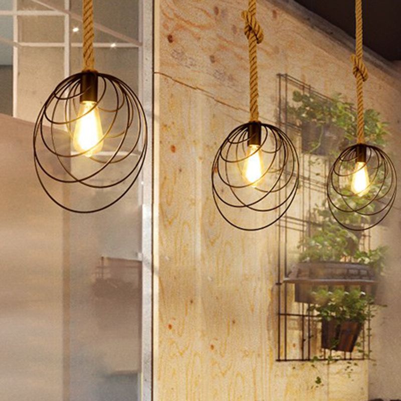 Metal Mussel Cage Suspension Light Industrial 1 Head Restaurant Hanging Pendant Lamp in Black with Knots Rope Cord