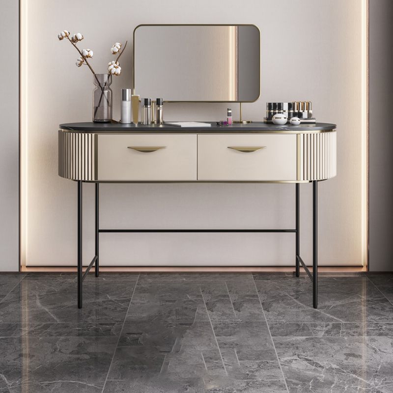 Contemporary Vanity Set, 2 Storage Drawers With Mirror & Padded Stool