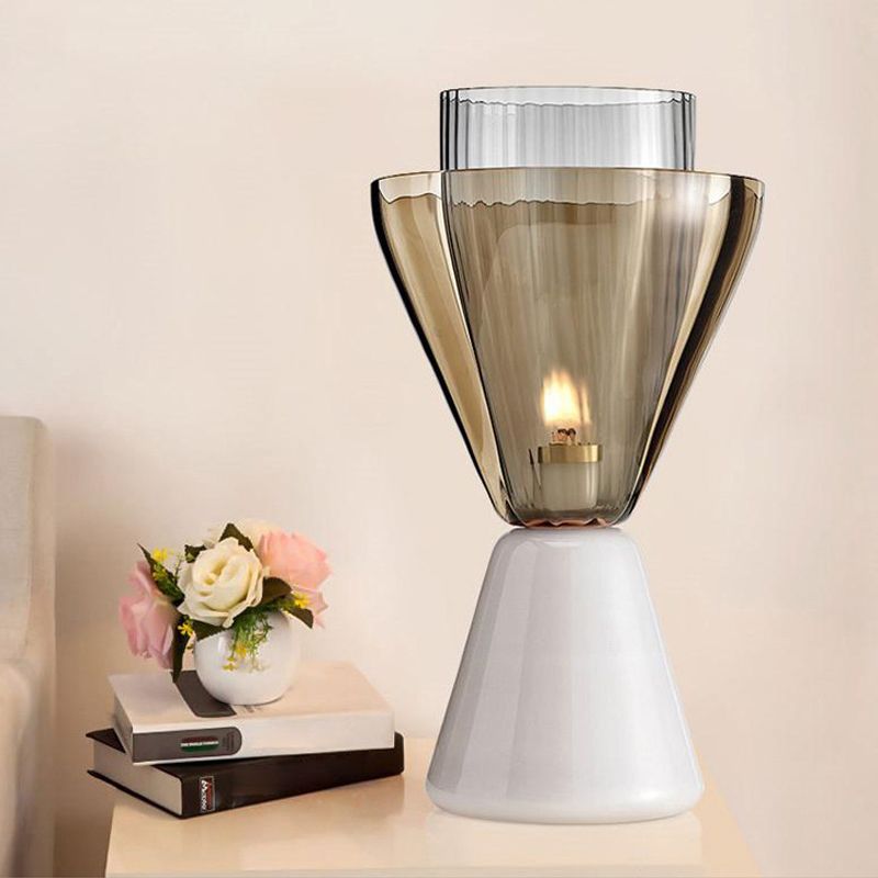 Amber and Smoke Glass Hourglass Night Lamp Post-Modern 1 Bulb White Table Light with Marble Base