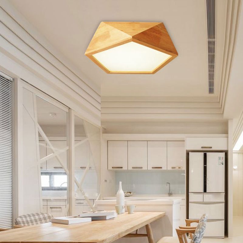 Wood Geometric Shape Flush Ceiling Light Modern 1 Light Flush Mount Light Fixture in Brown