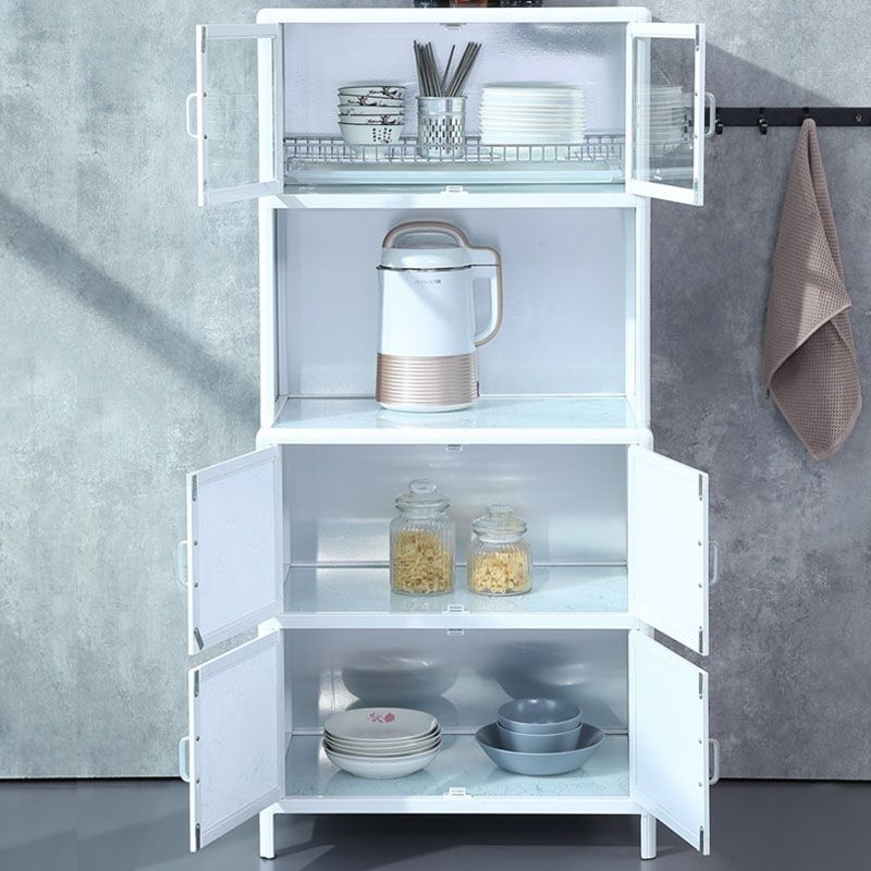 Kitchen White Metal Buffet/Console Glass Doors Cabinet Open Storage Buffet