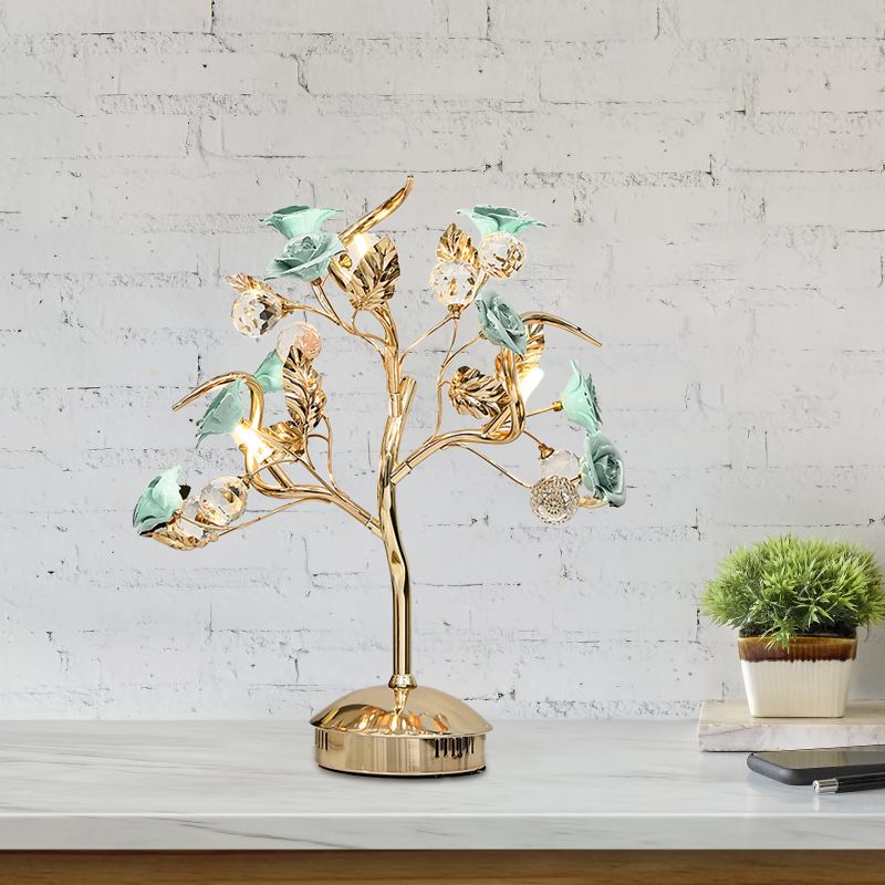 Ceramic Flowering Tree Table Lamp Romantic Pastoral 3-Head Dining Room Nightstand Light in Green/White/Red