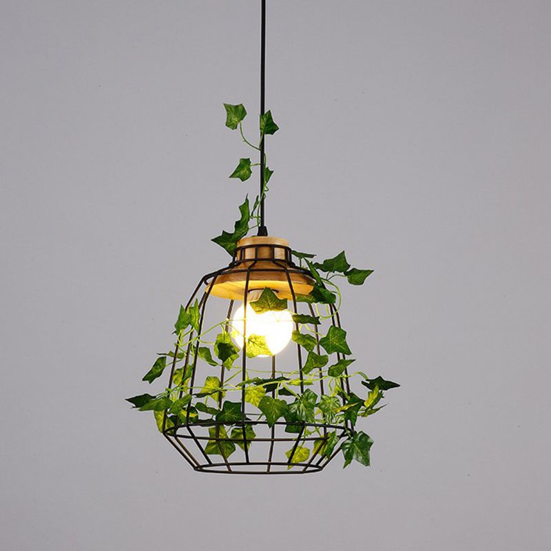 Farmhouse Wire Cage Suspension Lighting 1-Bulb Iron Ceiling Pendant with Wood Socket