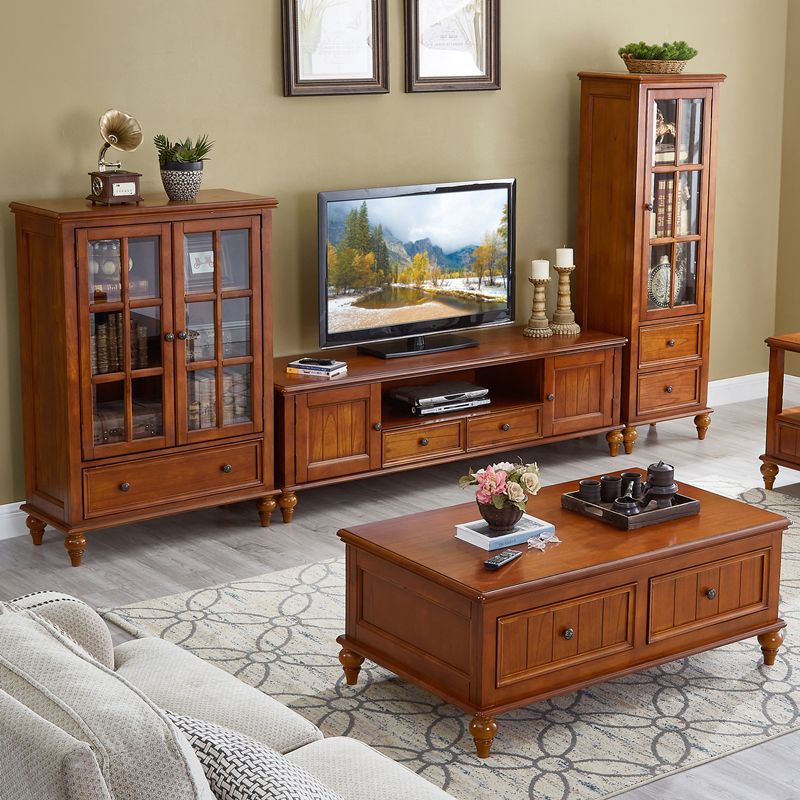 Solid Wood TV Stand Traditional TV Cabinet with Drawers and Doors