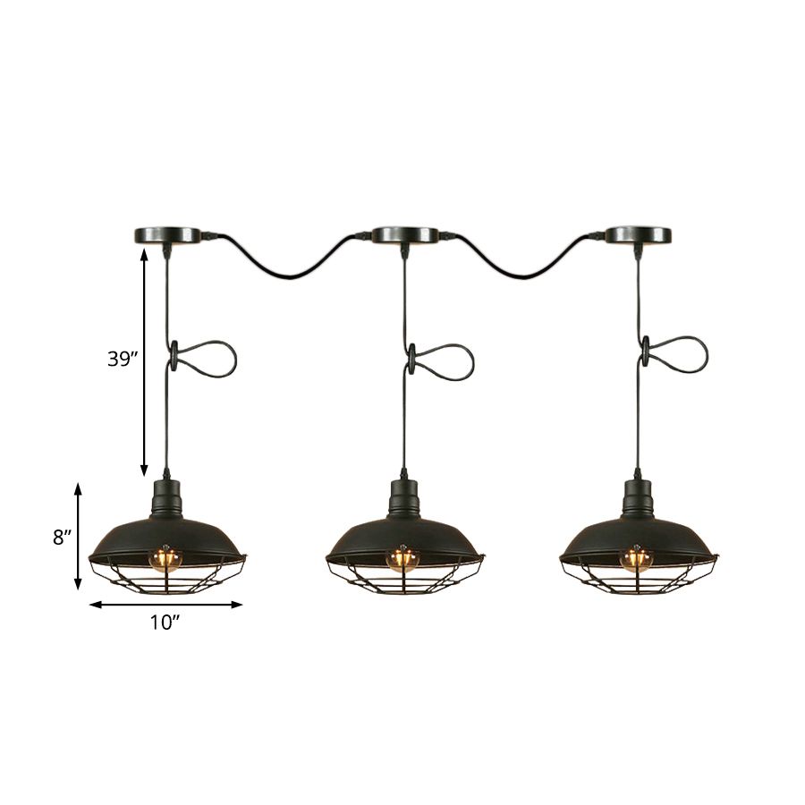 Barn Metallic Hanging Light Industrial Style 3/5 Lights Kitchen Pendant Lamp with Wire Cage in Black Finish