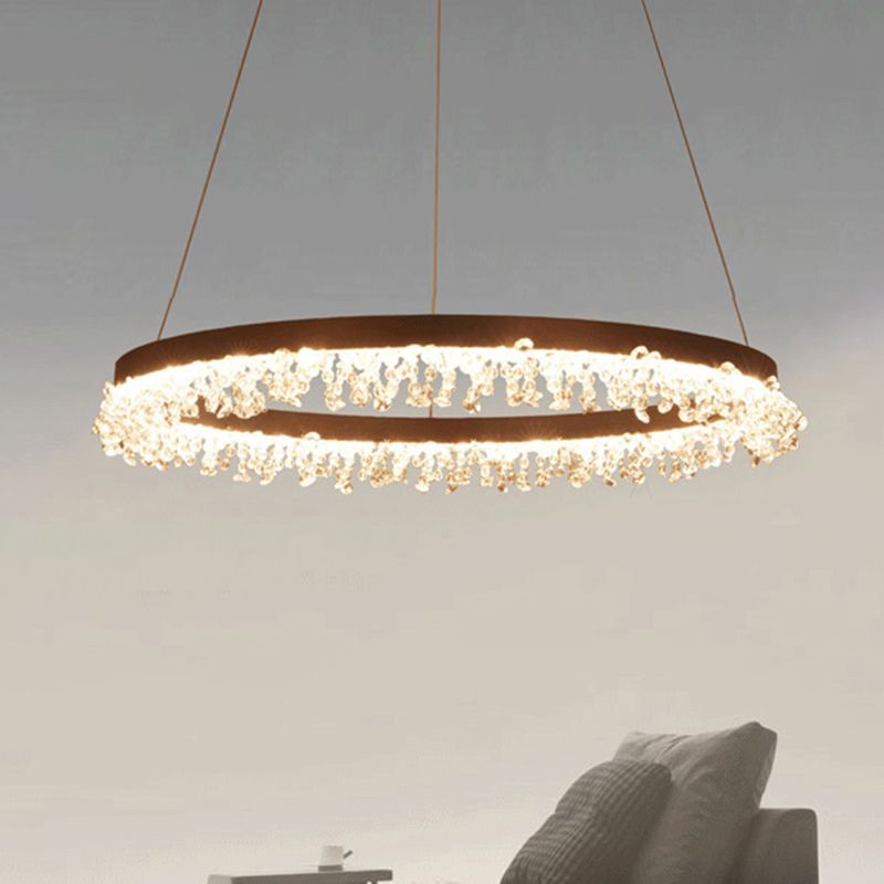 Brown Round Chandelier Light Contemporary Crystal LED Hanging Lamp in Natural Light for Bedroom, 16"/23.5"/31.5" Wide