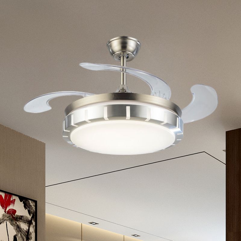 Drum Shape Hanging Fan Light Contemporary Metallic 42" Width LED Silver Semi Mount Lighting with 4 Clear Blades