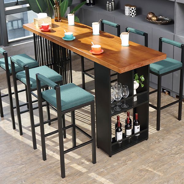 Pine Wood Top Bar Dining Table Industrial Bar Table with Storage Double Pedestal